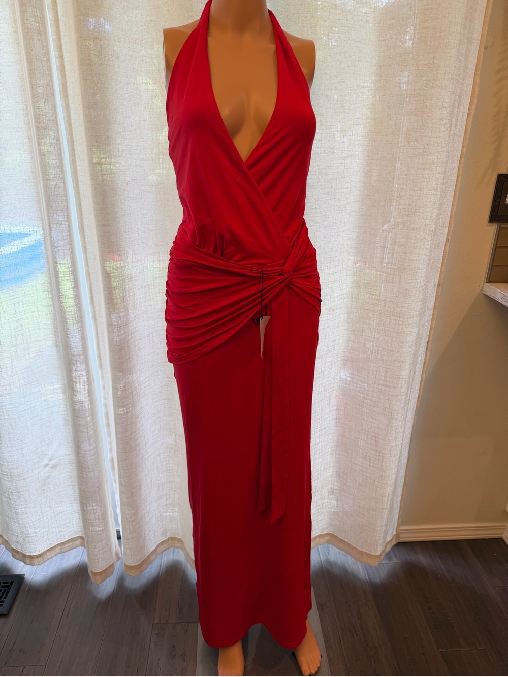 superdown Chloe Halter Maxi Dress in Red backless draped ruched v neck - Picture 2 of 6